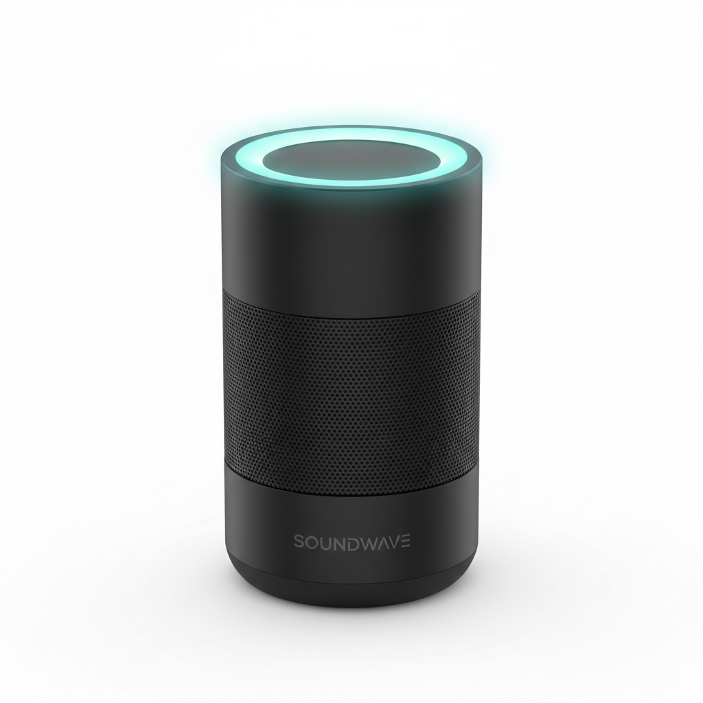Sleek portable Bluetooth speaker with LED ring on white background