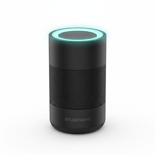 Sleek portable Bluetooth speaker with LED ring on white background