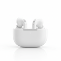 Premium wireless earbuds in glossy white charging case on white background