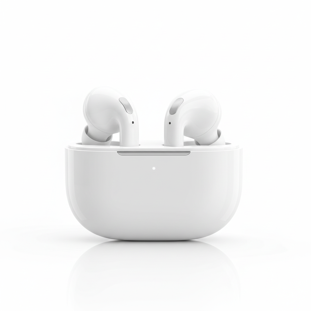 Premium wireless earbuds in glossy white charging case on white background